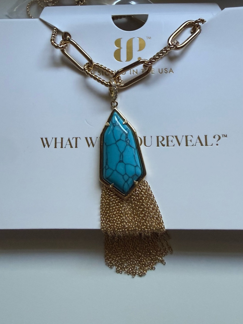 Bomb party Outlaw  Gold Chain Necklace with Turquoise Pendant and Tassel
